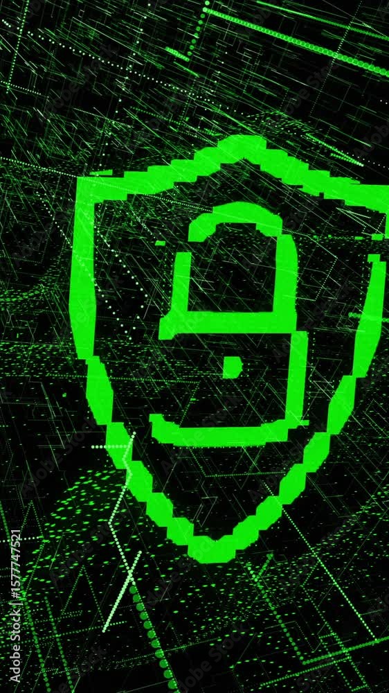 Poster animation of padlock icon and digital data processing over computer servers