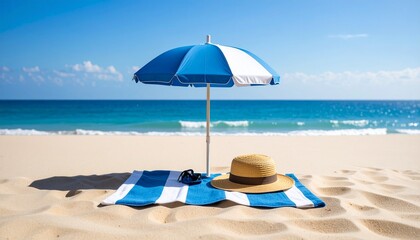 Obraz premium Una alegre escena de playa con toalla, sombrilla y accesorios