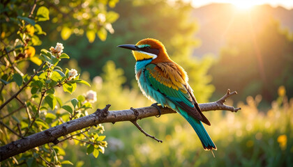 European Bee-eater bird is on a tree branch