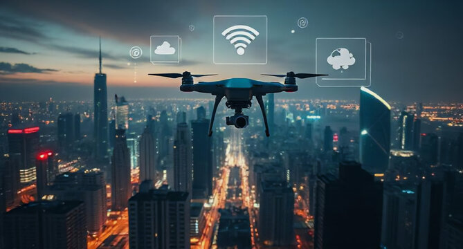 dron in the sky digital with city view