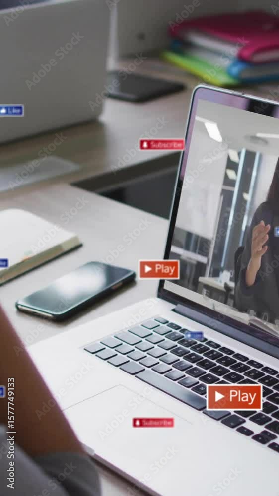 Poster watching video tutorial, person surrounded by play and subscribe buttons animation