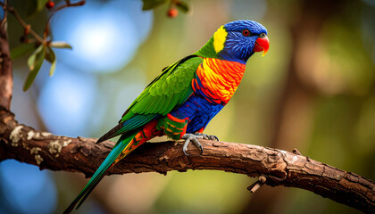 Fototapeta premium Rainbow lorikeet bird is on a tree trunk