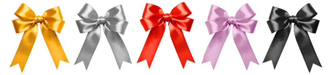 Five satin ribbons tied in bows with transparent background