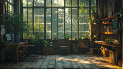 Sunlit home office with books and indoor plants by large window