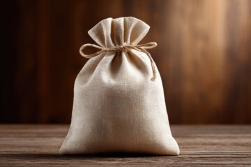 Beige cloth sack on wooden surface.