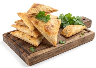 A pile of golden, flaky pita bread triangles is displayed on an old wooden board