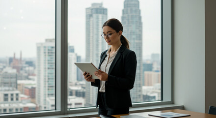 Focused Businesswoman Using Digital Tablet in Modern Office with City Skyline View
