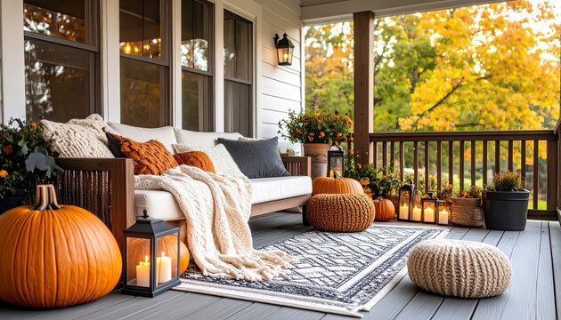 Cozy Fall Porch Decor with Pumpkins and Pillows