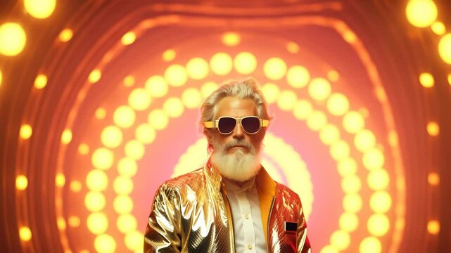 Confident elderly man with white beard and sunglasses in front of glowing circular light pattern