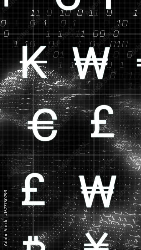 Poster currency symbols and binary code animation over abstract digital background