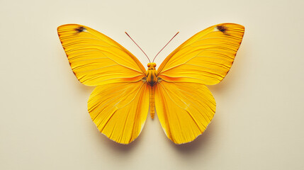 Single Butterfly with Vibrant Yellow Wings on Plain White or Light Gray Background – Minimalist, High-Contrast Nature Illustration