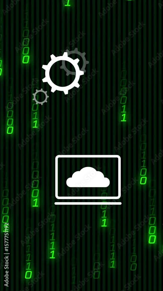 Poster technology icons including pie chart and light bulb over binary code animation