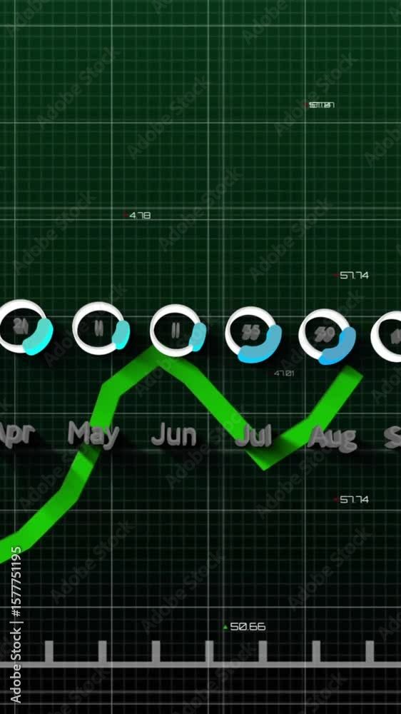Poster green line graph showing monthly data trends with circular progress animations over grid background