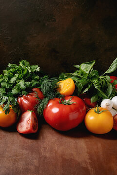 Fresh Vegetables Herbs Dark Rustic Background