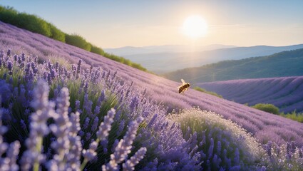 Lavender field at sunset with flying bee