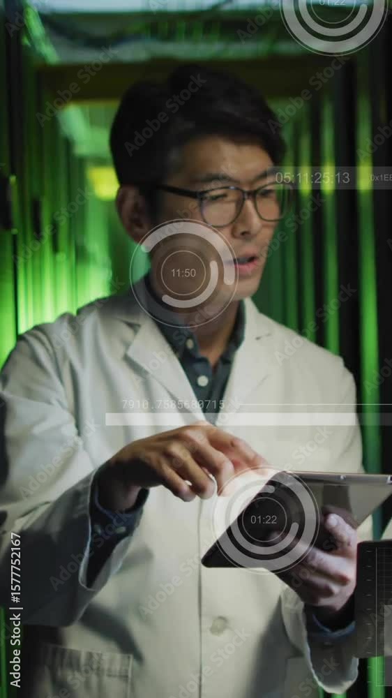 Poster discussing data on tablets, scientists analyzing data with animation in laboratory background