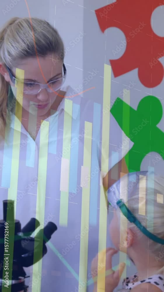 Poster bar graph animation over children and teacher using microscope in classroom