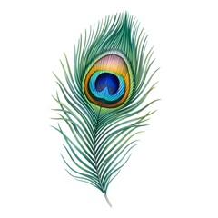 Obraz premium Vibrant Peacock Feather with Eye Pattern in Bright Colors on White Background