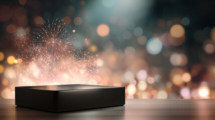 Minimal black podium with fireworks and bokeh lights