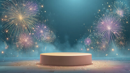 Festive night with vibrant fireworks and empty stage