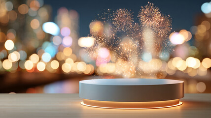 Round pedestal with warm fireworks in cityscape bokeh