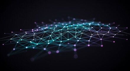 Glowing network connectivity points on a dark background show modern science.
