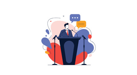 Political Speaker Addressing Crowd From Podium with Communication Bubbles Discussing Ideas