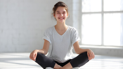 Fototapeta premium Young woman meditating on floor with relaxed posture. Peaceful indoor yoga moment representing mindfulness, emotional balance, and self-connection.
