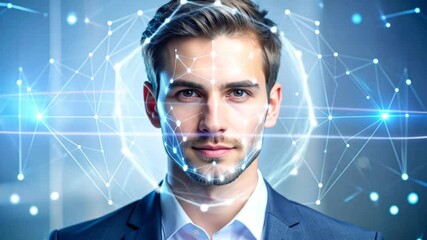 Face recognition technology applied to a man in a suit with a digital overlay background - Powered by Adobe