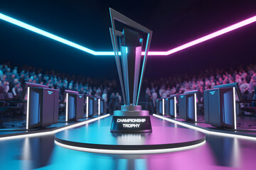 Futuristic Esports Championship Stage with Trophy and Gaming PCs in Neon Arena