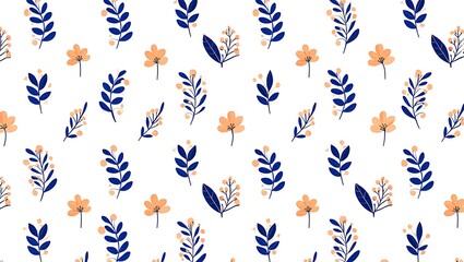 Delicate Floral Pattern Featuring Blue Foliage and Peach Flowers on White, Whimsical Floral Design with Navy Blue Leaves and Soft Peach Blooms for Arts and Crafts