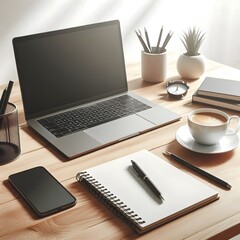 Fototapeta premium Home office desk setup with laptop, notebook, and coffee cup