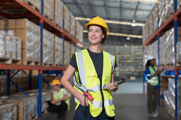 Portrait of female warehouse worker working, inspection, inventory and checking stock on shelf pallet, distribution and logistics in warehouse
