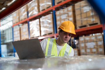 Warehouse and male worker working with laptop computer for inspection, inventory and checking stock, distribution, logistics in warehouse