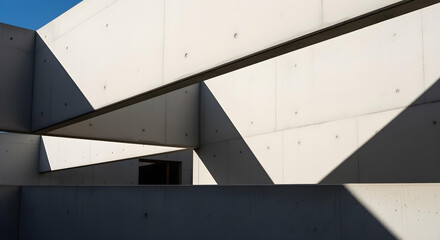 Naklejka premium Geometric concrete architecture with strong shadows creating abstract shapes and patterns under a clear blue sky.
