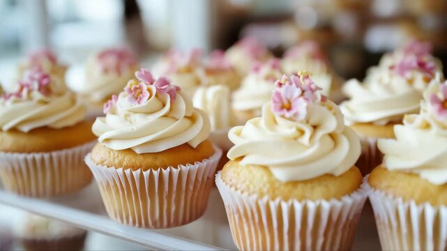 Cupcakes with smooth vanilla frosting decorated with small pink flowers. Displayed in neat rows on a tray. Delicate and festive dessert, perfect for celebrations.