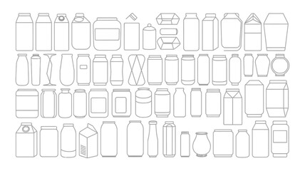 Set of different outline containers like bottles cans jars and packets on white