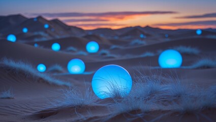 Blue Glowing Sphere in Desert at Sunset