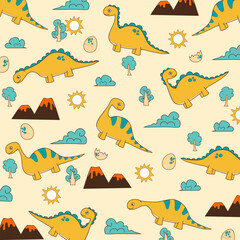 yellow dinosaur brontosaurus cute cartoon seamless pattern design for kids apparel fullprint fabric © Rizki