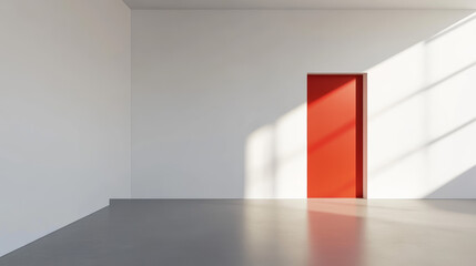 Minimal White Room Featuring a Bold Scarlet Red Door as a Striking Architectural Focal Point