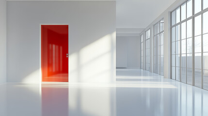 Minimal White Room Featuring a Bold Scarlet Red Door as a Striking Architectural Focal Point