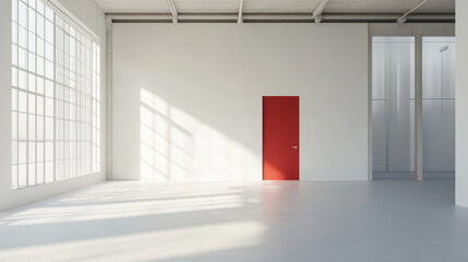 Minimal White Room Featuring a Bold Scarlet Red Door as a Striking Architectural Focal Point