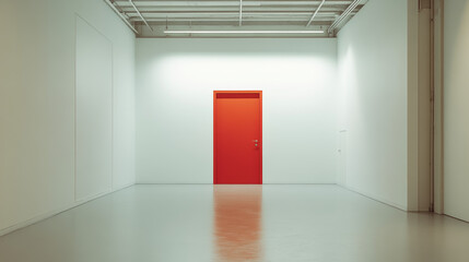 Minimal White Room Featuring a Bold Scarlet Red Door as a Striking Architectural Focal Point