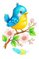 A cute cartoon bird sits on a flowering branch, surrounded by delicate pink flowers and green leaves, with a colorful feather next to it. The picture is made with pastel pencils