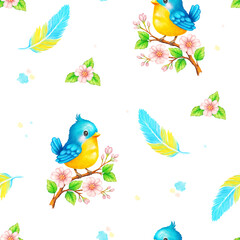 Seamless pattern with a cute cartoon bird sitting on a flowering branch, surrounded by delicate pink flowers and green leaves, with a colorful feather next to it. The image is made with pastel pencils