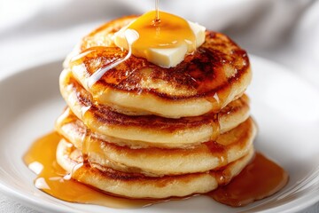 Stack of golden pancakes drizzled with syrup and butter.