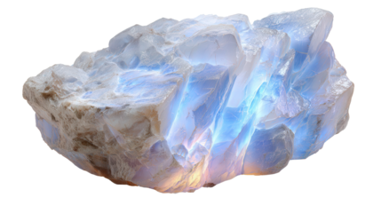 Moonstone white glowing mineral lump background isolated on a Transparent background, PNG file.