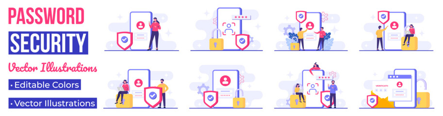  Personal data protection, Cyber security, Internet security or information privacy, Password protection flat vector illustration, Facial recognition, Face identity, Biometric identification