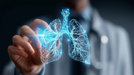 Male Doctor Using Holographic Lung Diagnostic Screen.