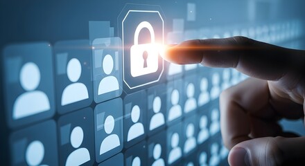 Finger touching a glowing padlock icon over a grid of user profile icons representing digital security